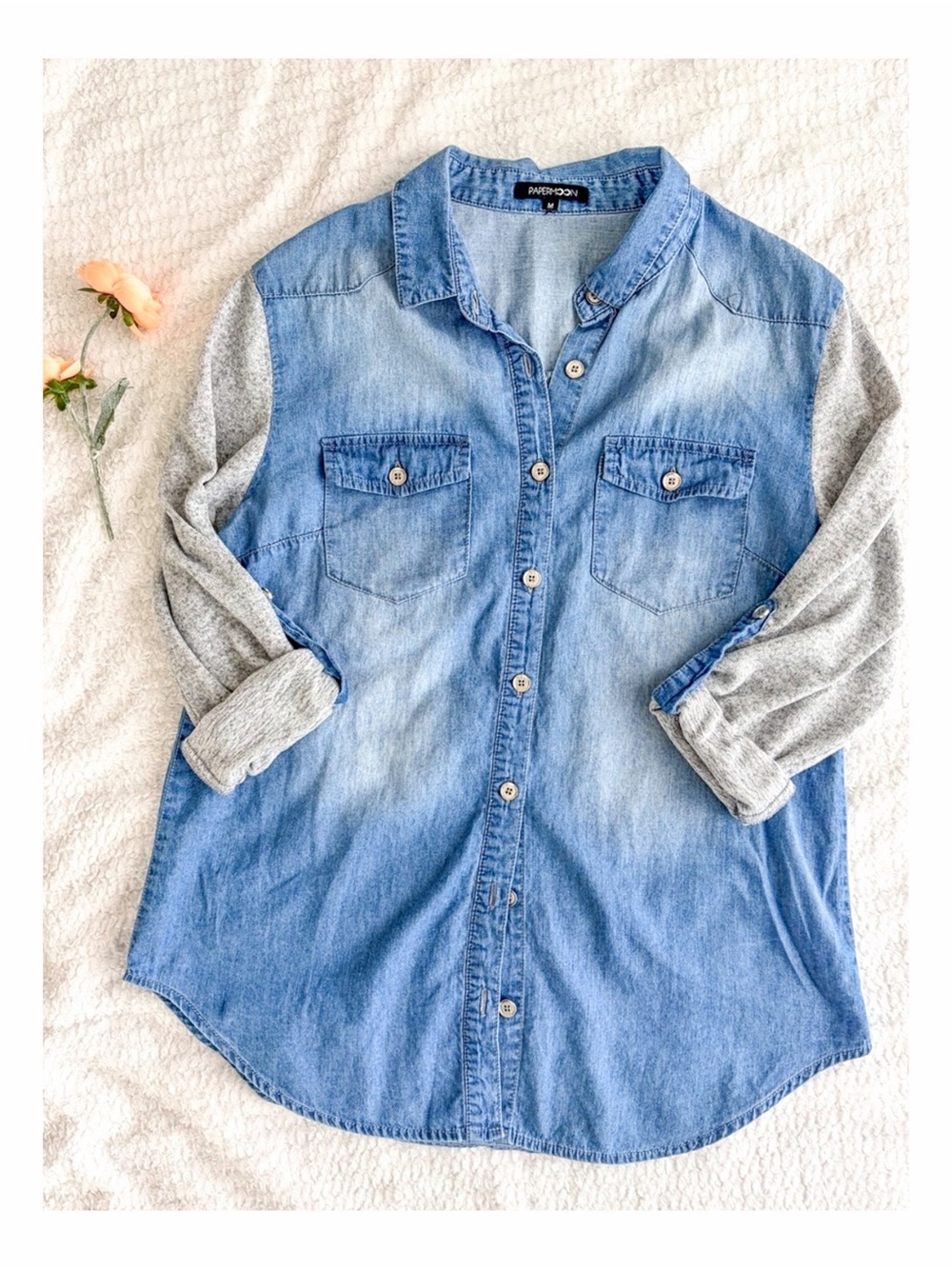 Papermoon Denim Button Down Shirt Contrast Knit Sleeves Roll Tab Chambray Size M